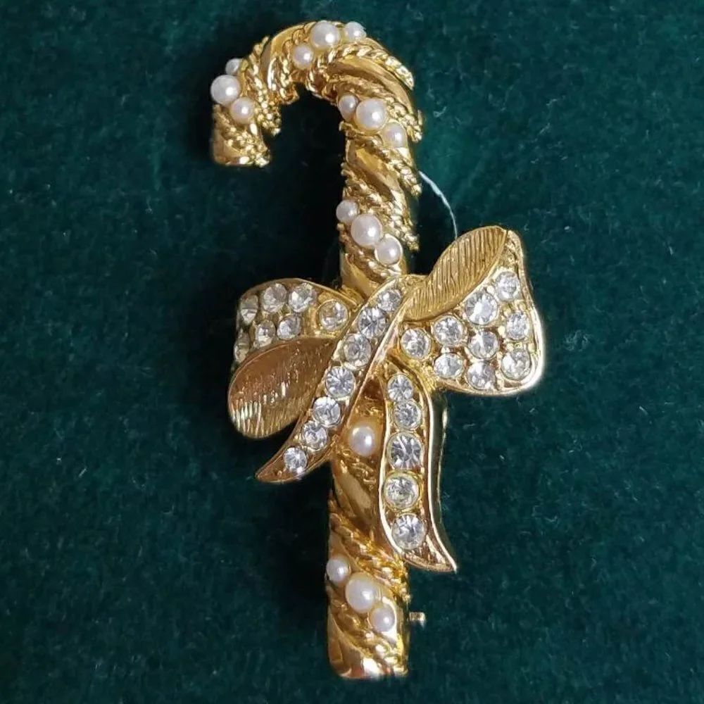 Mid Century Modern Vintage Candy Cane with Crystals and Faux Pearls Brooch Pin